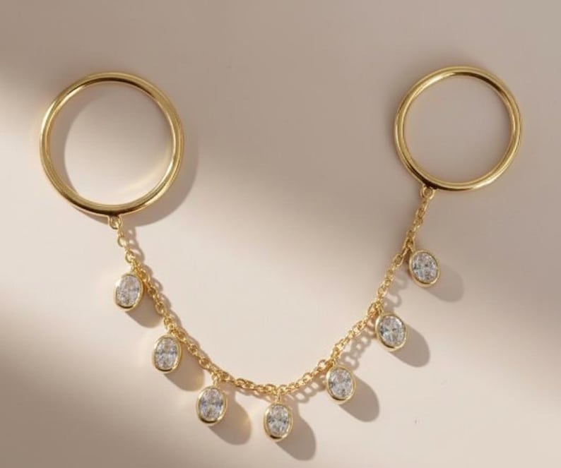 14k Gold Chain Drop Ring, Oval Diamond Dangling Two finger Double Band 8