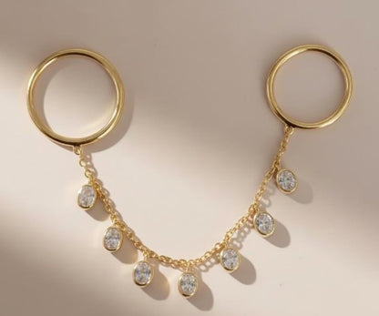 14k Gold Chain Drop Ring, Oval Diamond Dangling Two finger Double Band 8
