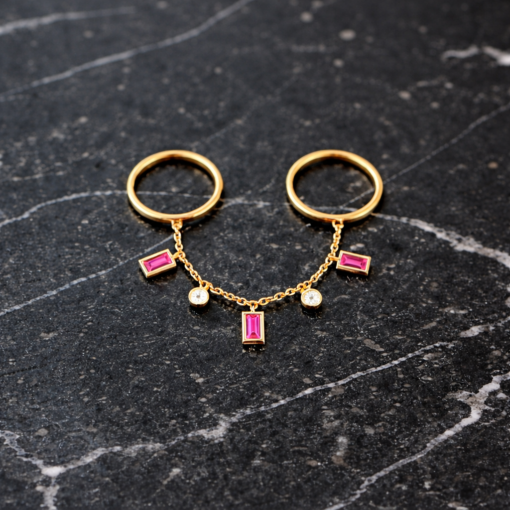 14k Gold Two Finger Chain Ring, Ruby Diamond Dangle
 1