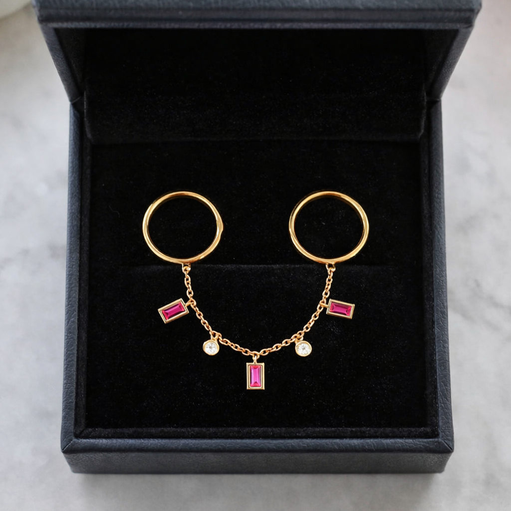 14k Gold Two Finger Chain Ring, Ruby Diamond Dangle
 2