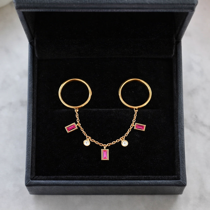 14k Gold Two Finger Chain Ring, Ruby Diamond Dangle
 2