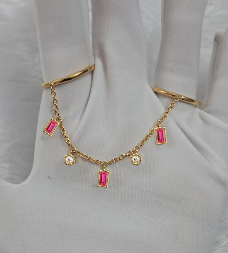 14k Gold Two Finger Chain Ring, Ruby Diamond Dangle
 3