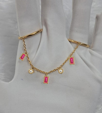 14k Gold Two Finger Chain Ring, Ruby Diamond Dangle
 3