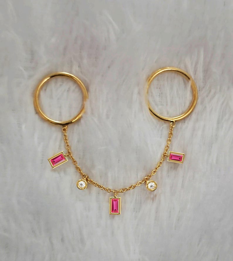 14k Gold Two Finger Chain Ring, Ruby Diamond Dangle
 4