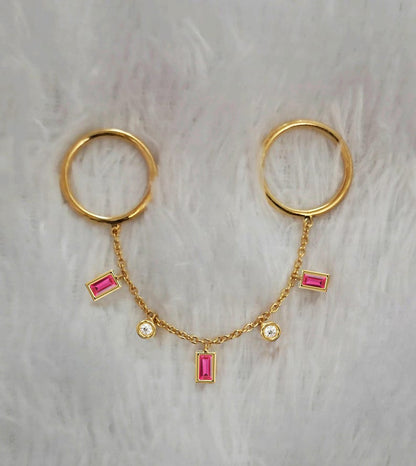 14k Gold Two Finger Chain Ring, Ruby Diamond Dangle
 4