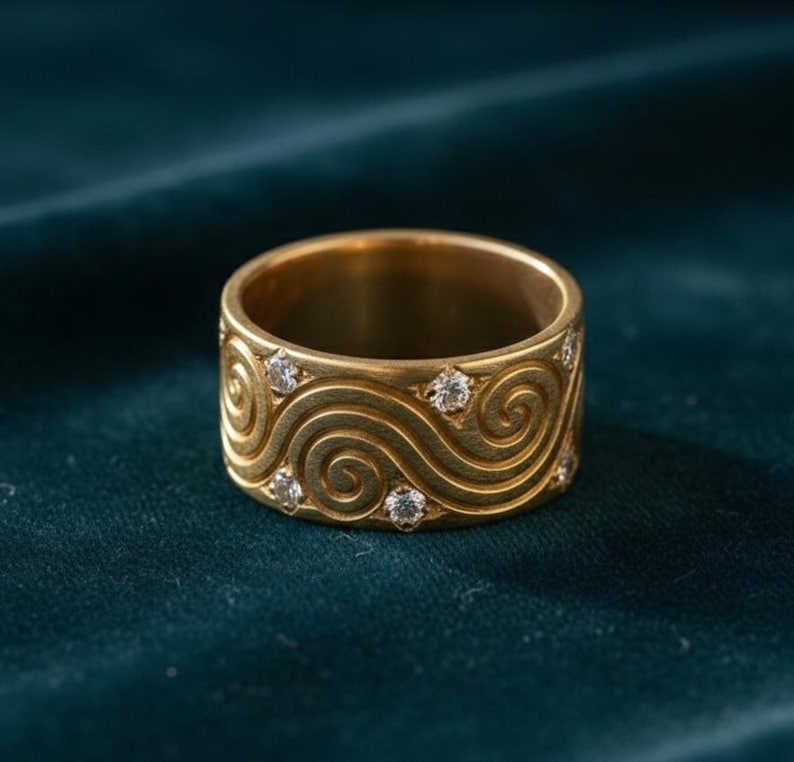 18K Gold Plated Brass Metal Wide Band Ring | Spiral Swirl, Crystal Accents