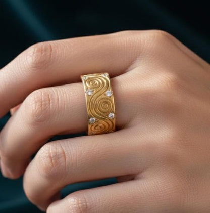 18K Gold Plated Brass Metal Wide Band Ring | Spiral Swirl, Crystal Accents