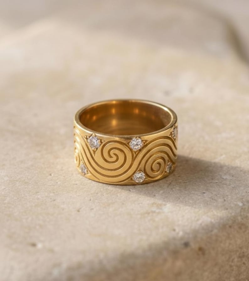 18K Gold Plated Brass Metal Wide Band Ring | Spiral Swirl, Crystal Accents