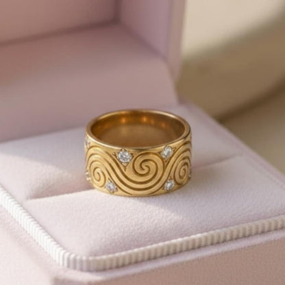 18K Gold Plated Brass Metal Wide Band Ring | Spiral Swirl, Crystal Accents
