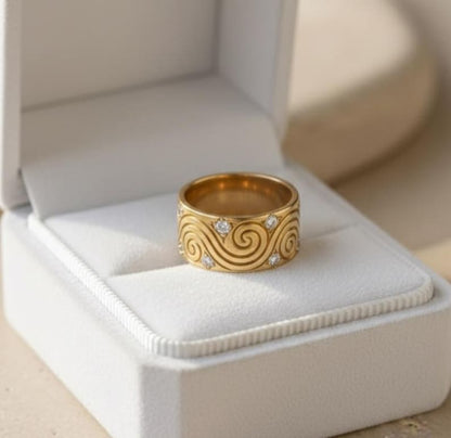 18K Gold Plated Brass Metal Wide Band Ring | Spiral Swirl, Crystal Accents