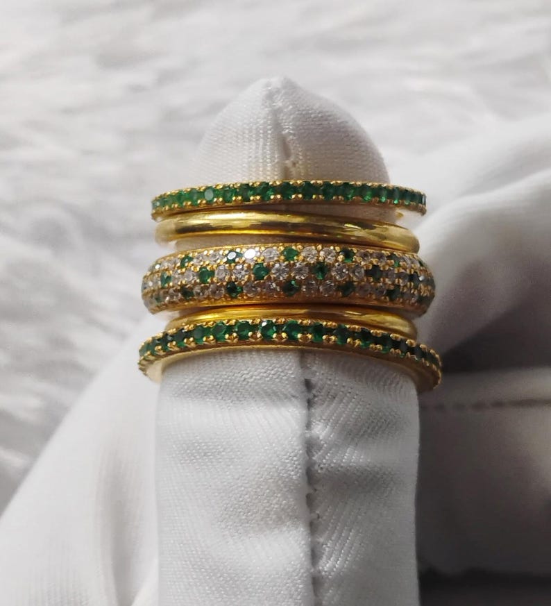 18k Yellow Plated Emerald Ring, Micro Pave Diamond Interlocking Band 1