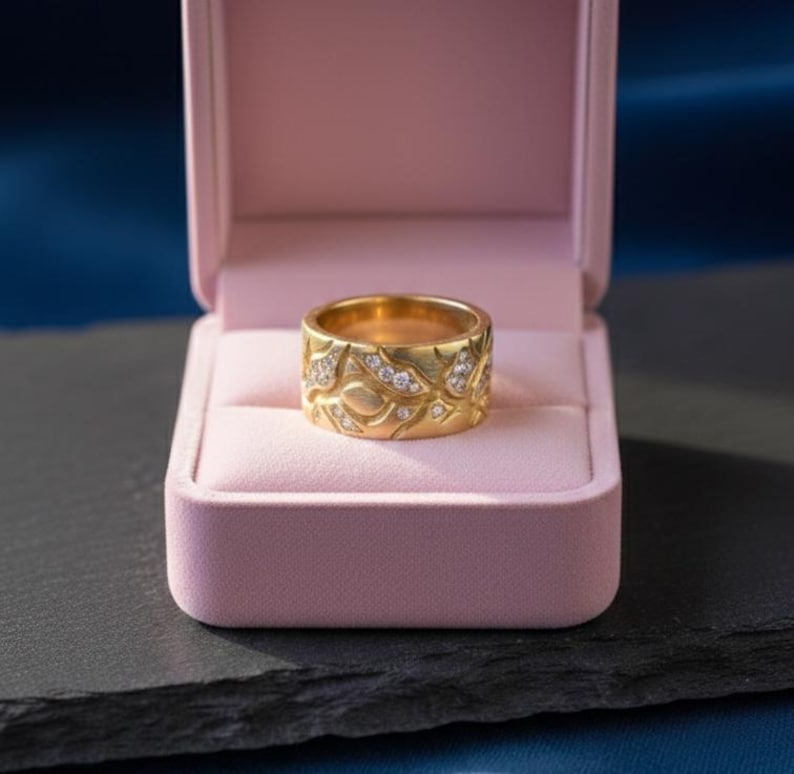 8K Gold Plated Leaf Vine Ring On Brass Metal 1