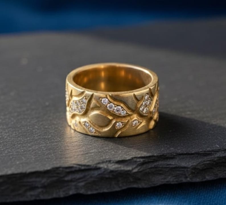 8K Gold Plated Leaf Vine Ring On Brass Metal 2