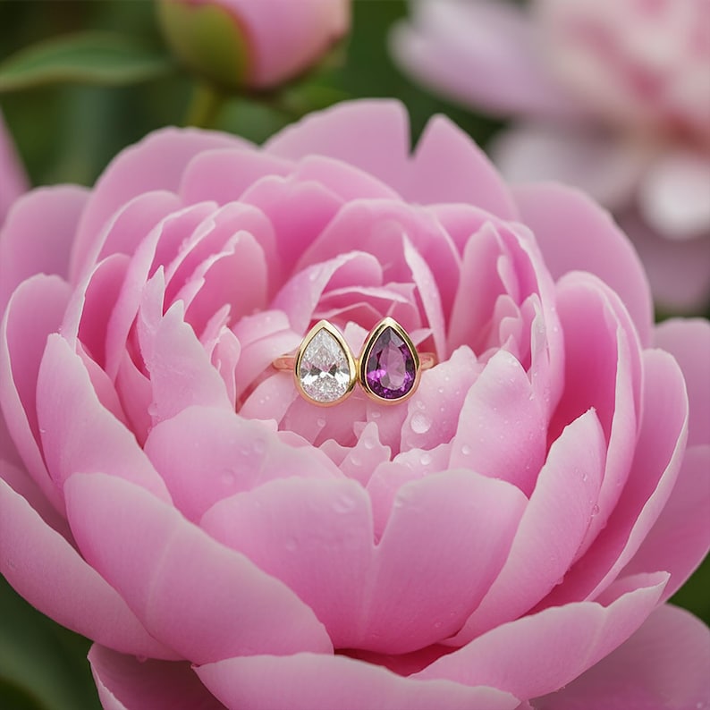 925SterlingSilver Wedding Two Stone Ring Pear Diamond & Alexandrite Ring devika