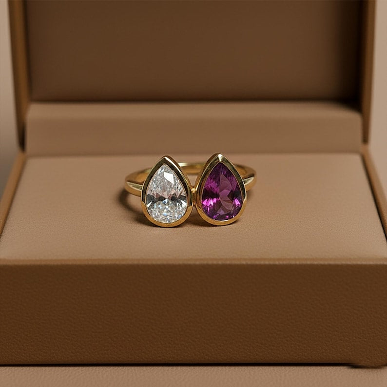 925SterlingSilver Wedding Two Stone Ring Pear Diamond & Alexandrite Ring deviukajewelry