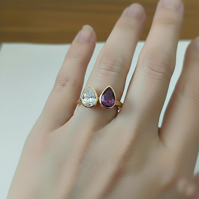 925SterlingSilver Wedding Two Stone Ring Pear Diamond & Alexandrite Ring devikajewelry