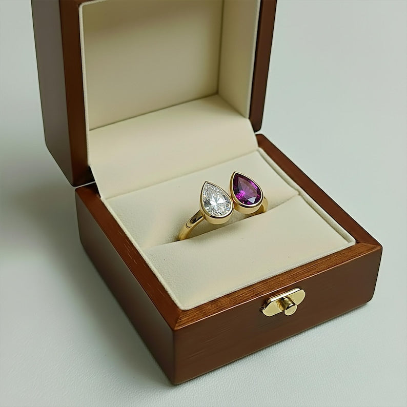925SterlingSilver Wedding Two Stone Ring Pear Diamond & Alexandrite Ring devikagemsjewels