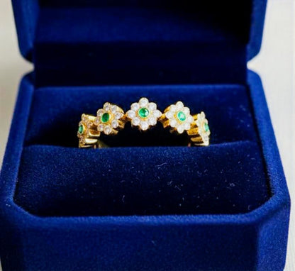 925 Silver Flower Eternity Ring, Emerald and Diamonds Daisy Minimalist Stackable Band devikagems