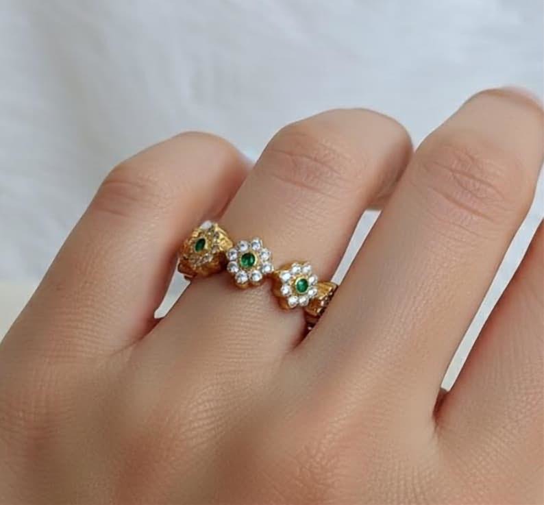 925 Silver Flower Eternity Ring, Emerald and Diamonds Daisy Minimalist Stackable Band devikajewels