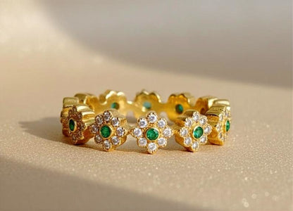 925 Silver Flower Eternity Ring, Emerald and Diamonds Daisy Minimalist Stackable Band devikaa