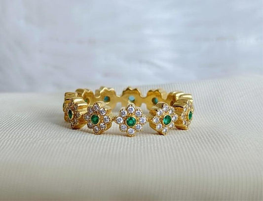 925 Silver Flower Eternity Ring, Emerald and Diamonds Daisy Minimalist Stackable Band devika gems jewels