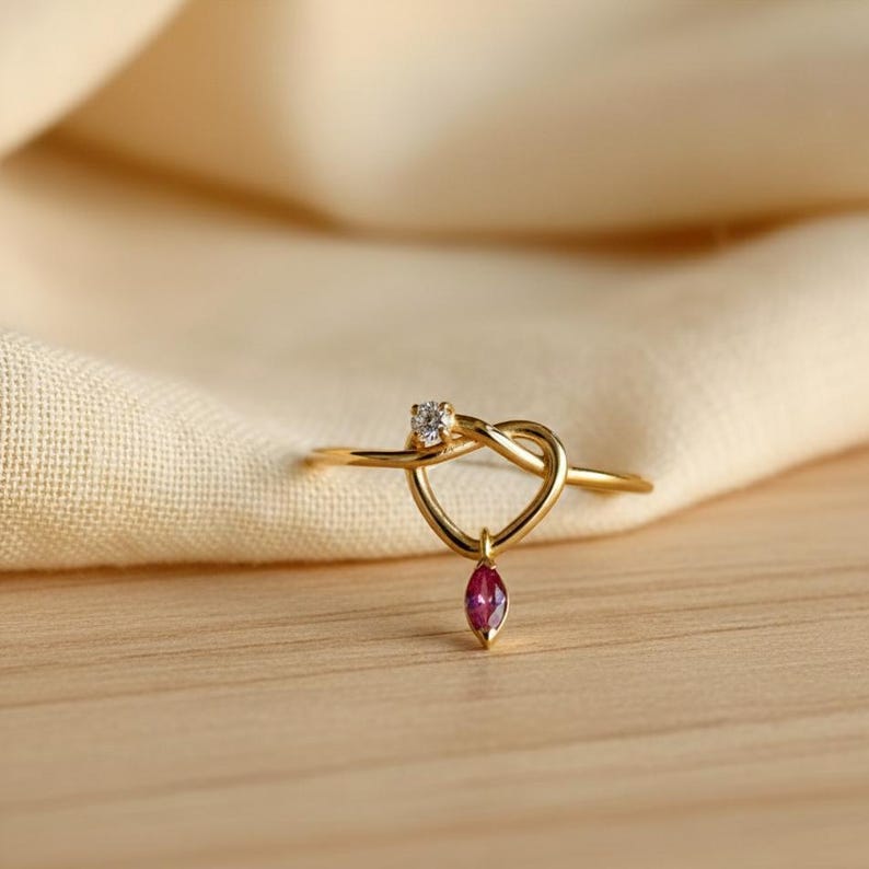 925 Silver heart Drop Ring ruby Charm Band Diamond 1