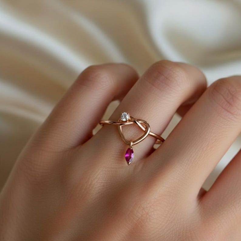 925 Silver heart Drop Ring ruby Charm Band Diamond 4