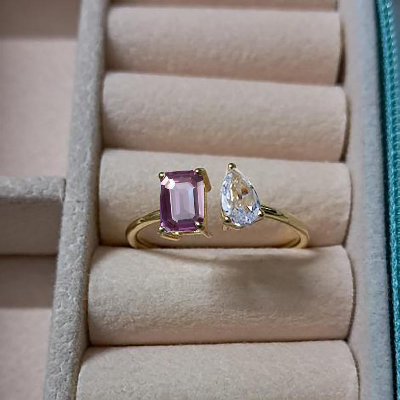 Alexandrite Toi Et Moi Ring with Pear Diamond, 925 Sterling Silver Two Stone Engagement Promise Ring 1