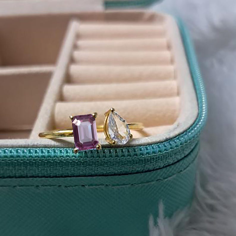 Alexandrite Toi Et Moi Ring with Pear Diamond, 925 Sterling Silver Two Stone Engagement Promise Ring 2