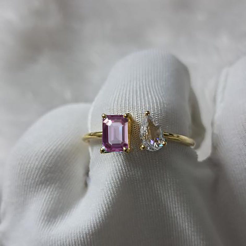 Alexandrite Toi Et Moi Ring with Pear Diamond, 925 Sterling Silver Two Stone Engagement Promise Ring 3