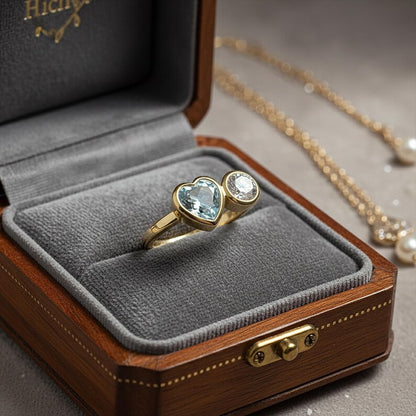 Aquamarine Heart Diamond Round Ring925Silver Toi Et Moi Two Stone Proposal Ring 2