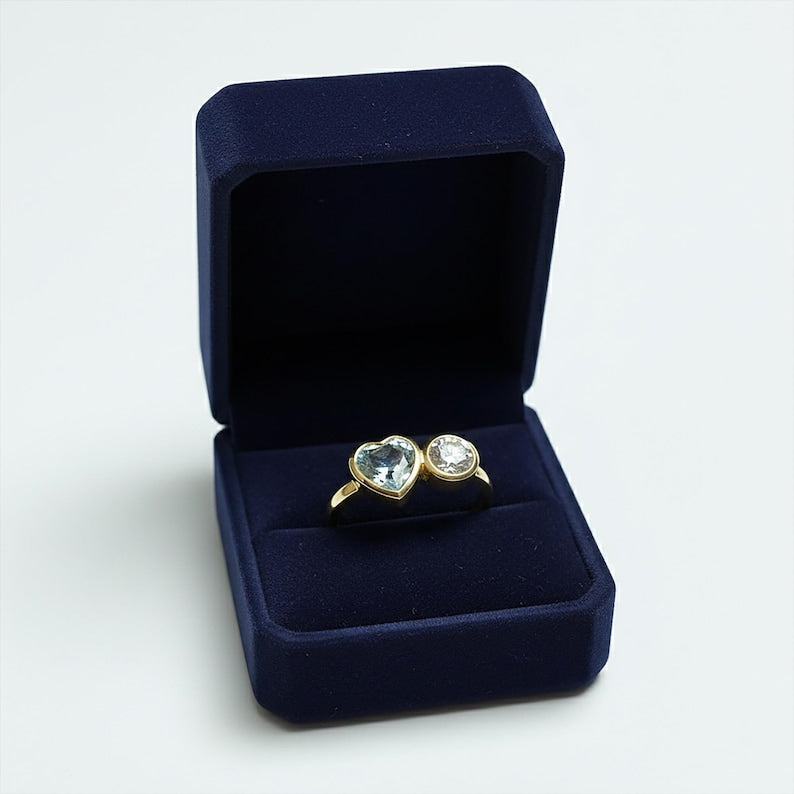 Aquamarine Heart Diamond Round Ring925Silver Toi Et Moi Two Stone Proposal Ring 10