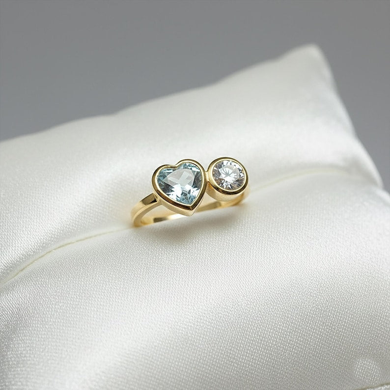 Aquamarine Heart Diamond Round Ring925Silver Toi Et Moi Two Stone Proposal Ring 3
