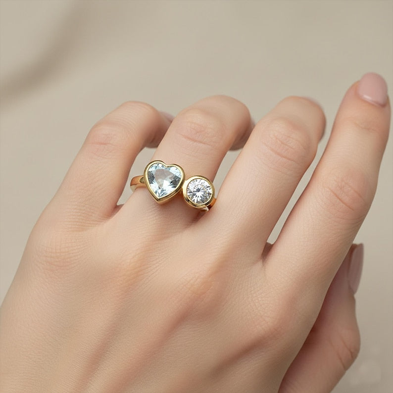 Aquamarine Heart Diamond Round Ring925Silver Toi Et Moi Two Stone Proposal Ring 4