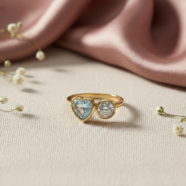 Aquamarine Heart Diamond Round Ring925Silver Toi Et Moi Two Stone Proposal Ring 5
