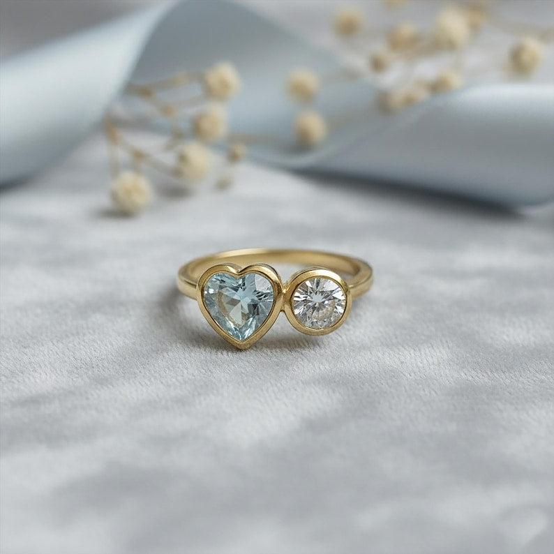 Aquamarine Heart Diamond Round Ring925Silver Toi Et Moi Two Stone Proposal Ring 6