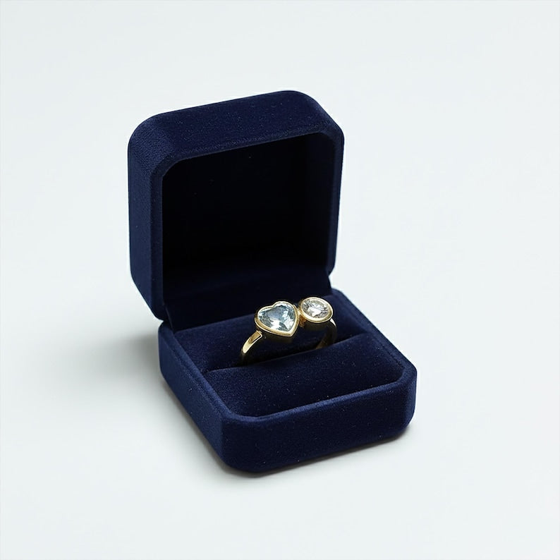 Aquamarine Heart Diamond Round Ring925Silver Toi Et Moi Two Stone Proposal Ring 8