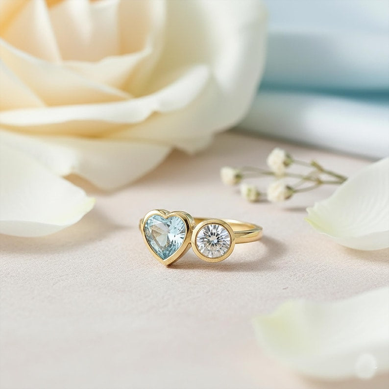 Aquamarine Heart Diamond Round Ring925Silver Toi Et Moi Two Stone Proposal Ring 9