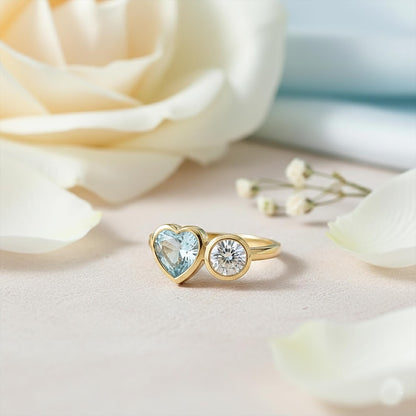 Aquamarine Heart Diamond Round Ring925Silver Toi Et Moi Two Stone Proposal Ring 9