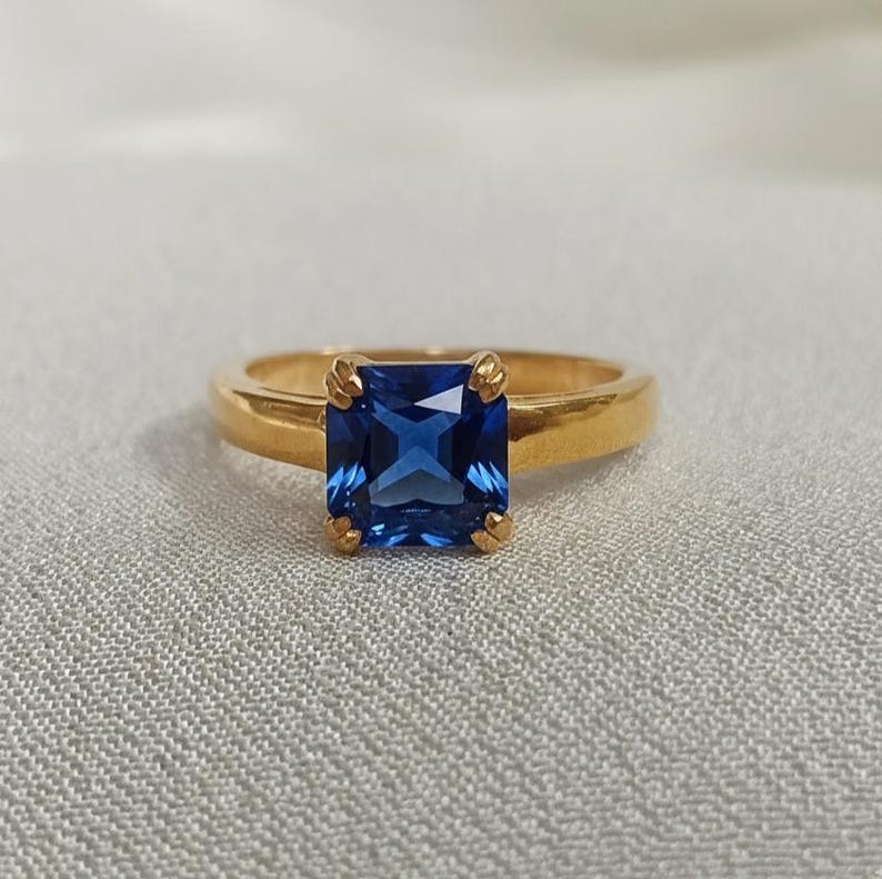 Ascher Cut Blue Sapphire Stacking Ring, 925 sterling Silver Proposal Band 1