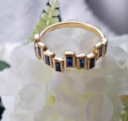 Baguette Blue Sapphire Zigzag Ring – 14k Yellow Gold, Vintage Art Deco Engagement Ring gem deika