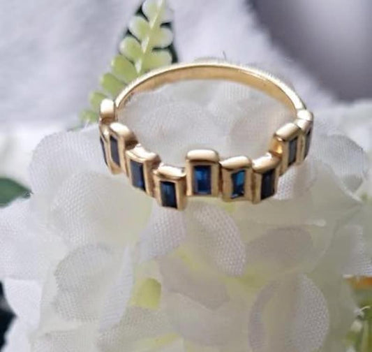 Baguette Blue Sapphire Zigzag Ring – 14k Yellow Gold, Vintage Art Deco Engagement Ring gem deika