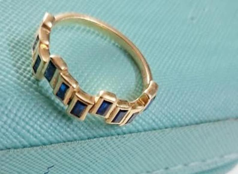 Baguette Blue Sapphire Zigzag Ring – 14k Yellow Gold, Vintage Art Deco Engagement Ring devka
