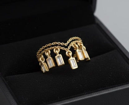 Baguette Diamond Double Chain Band Ring, 925 Silver Chevron Teardrop Dangling Drop Ring 1