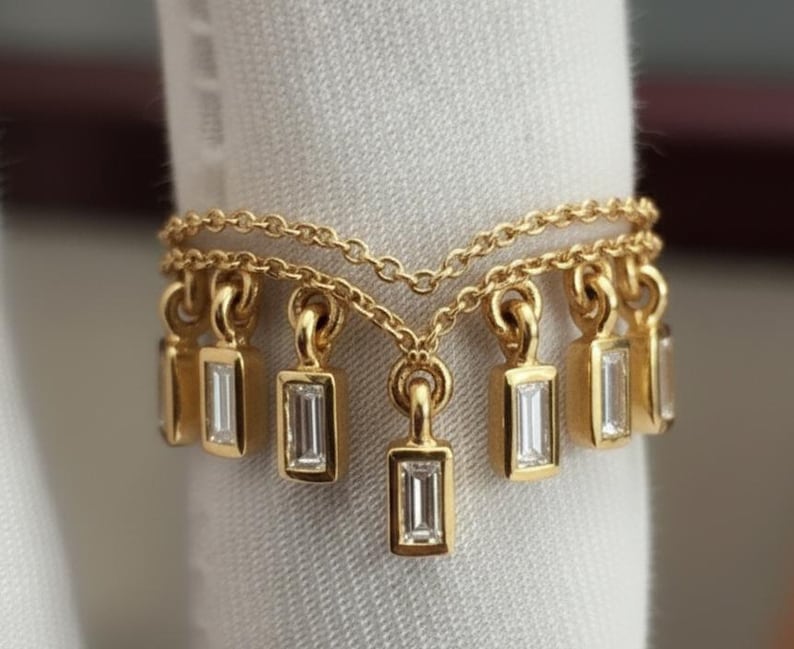 Baguette Diamond Double Chain Band Ring, 925 Silver Chevron Teardrop Dangling Drop Ring 2