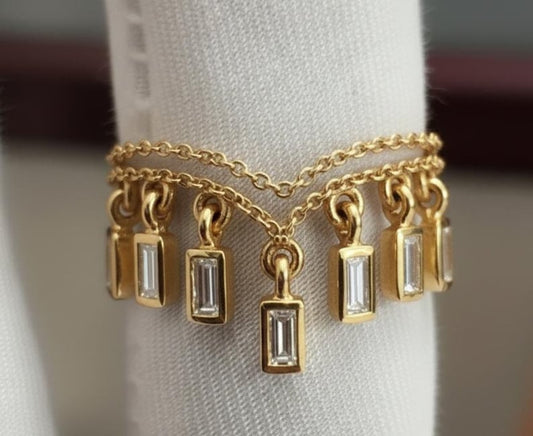 Baguette Diamond Double Chain Band Ring, 925 Silver Chevron Teardrop Dangling Drop Ring 2