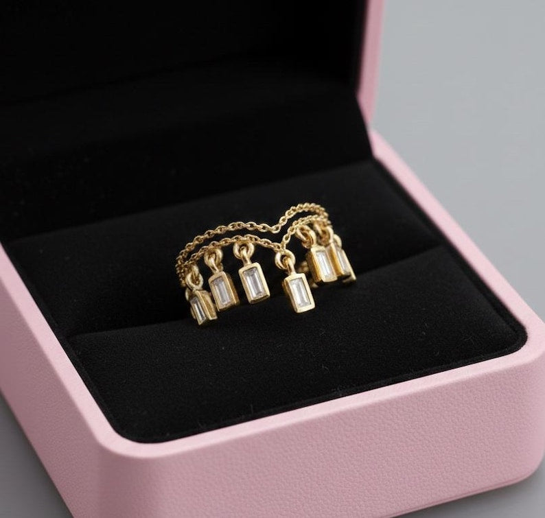 Baguette Diamond Double Chain Band Ring, 925 Silver Chevron Teardrop Dangling Drop Ring 3