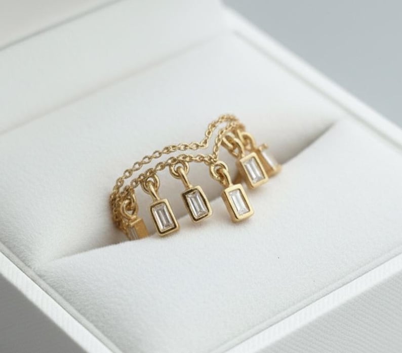 Baguette Diamond Double Chain Band Ring, 925 Silver Chevron Teardrop Dangling Drop Ring 4