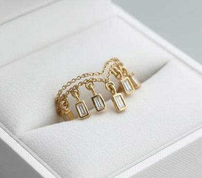 Baguette Diamond Double Chain Band Ring, 925 Silver Chevron Teardrop Dangling Drop Ring 4
