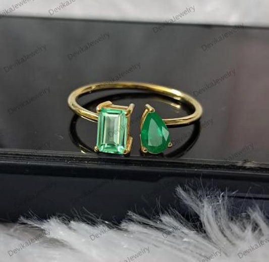 Baguette Green Sapphire & Pear Emerald 14k Gold Toi Et Moi Ring 2
